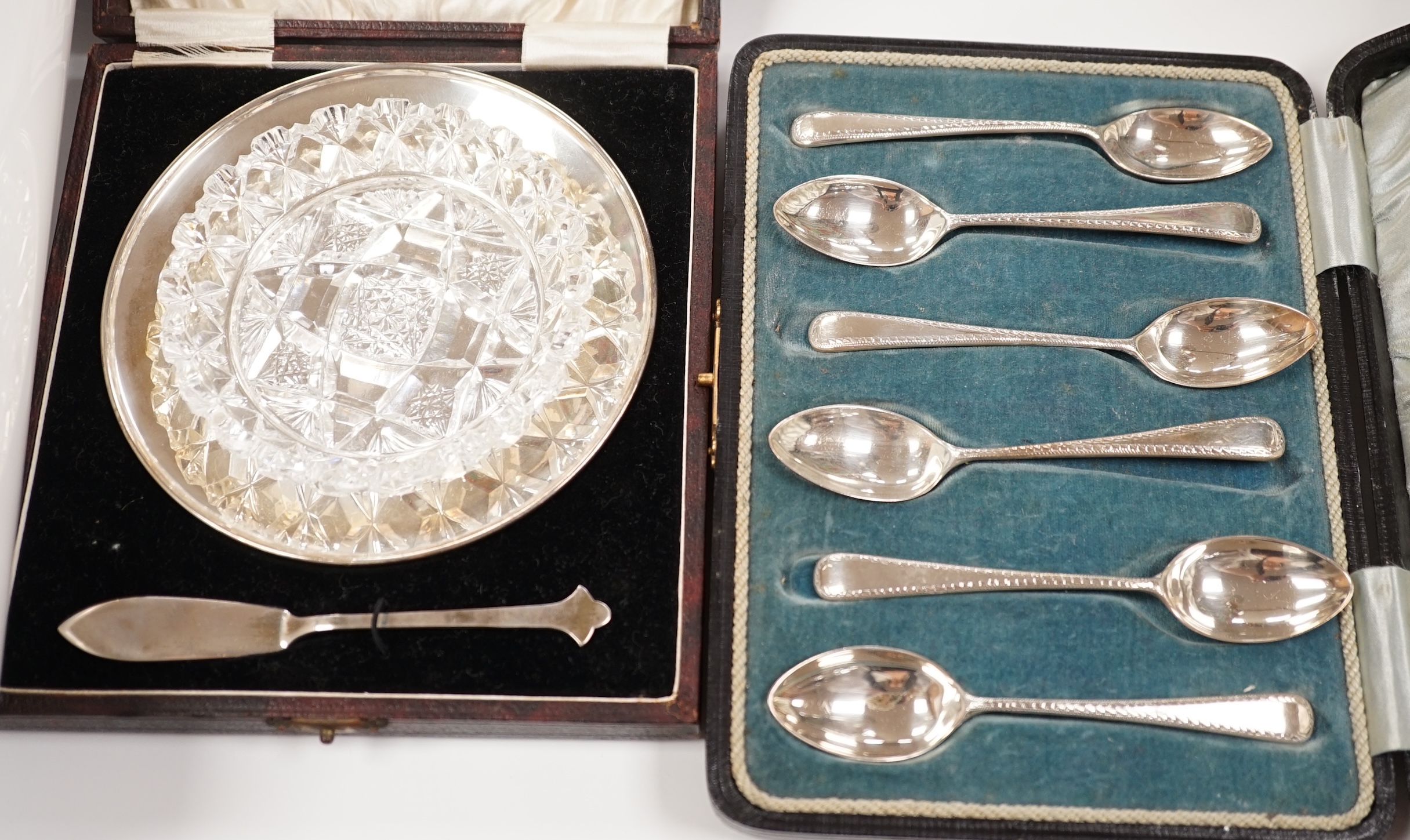 Three cased sets including a pairs of salts, set of six teaspoons and butter dish and butter knife, together with a silver mounted glass sugar sifter and sundry flatware, etc. including an early 19th century Chinese Expo